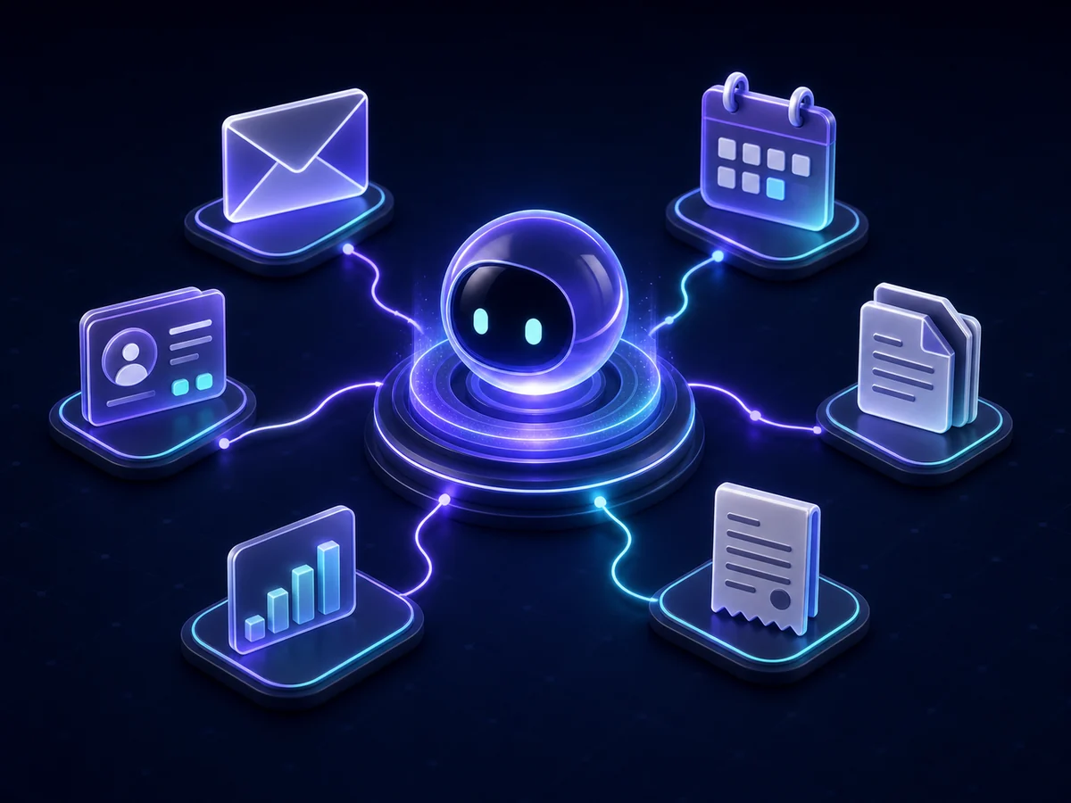 Illustration of an AI agent connected to various business systems